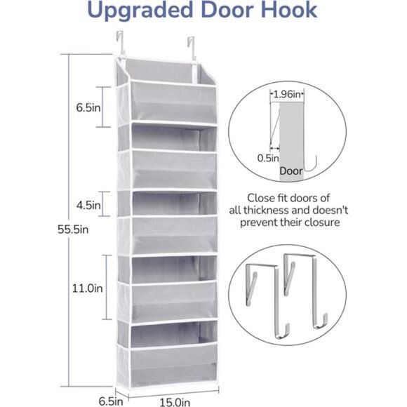 Over Door Organizer Hanging Storage 5 Large Pockets 10 Mesh Side Pockets Grey - Picture 7 of 8